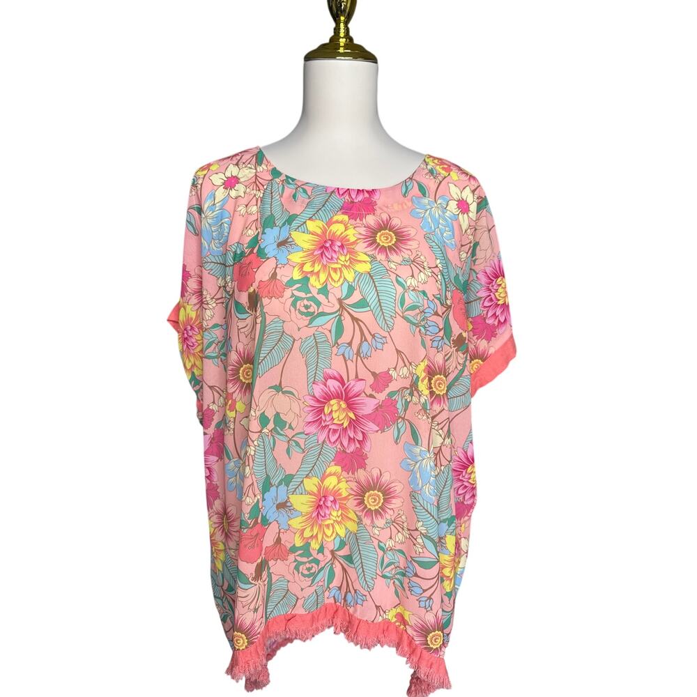 Umgee Floral Tunic Top Fringe Hem Pink Multicolor Boho Size Medium Beachy
